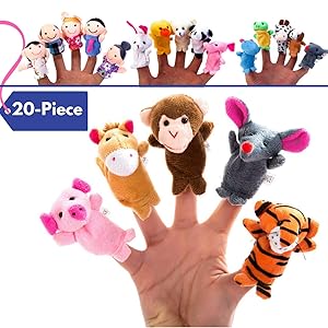 BETTERLINE 20-Piece Story Time Finger Puppets Set - Cloth Velvet Puppets - 14 Animals and 6 People Family Members