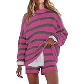 Sotimoon Womens Striped Sweater Set Oversized Lounge Sets Long Sleeve Sweater Top and Shorts Matching Pajamas