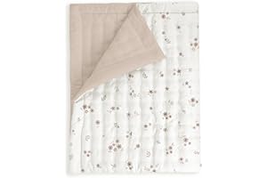 MakeMake Organics Organic Toddler Comforter GOTS Certified Organic Kids Blanket Cotton Infill Tufted - Reversible Ultra Soft Breathable Boys Girls (44"x60", Bloom + Solid Pecan)
