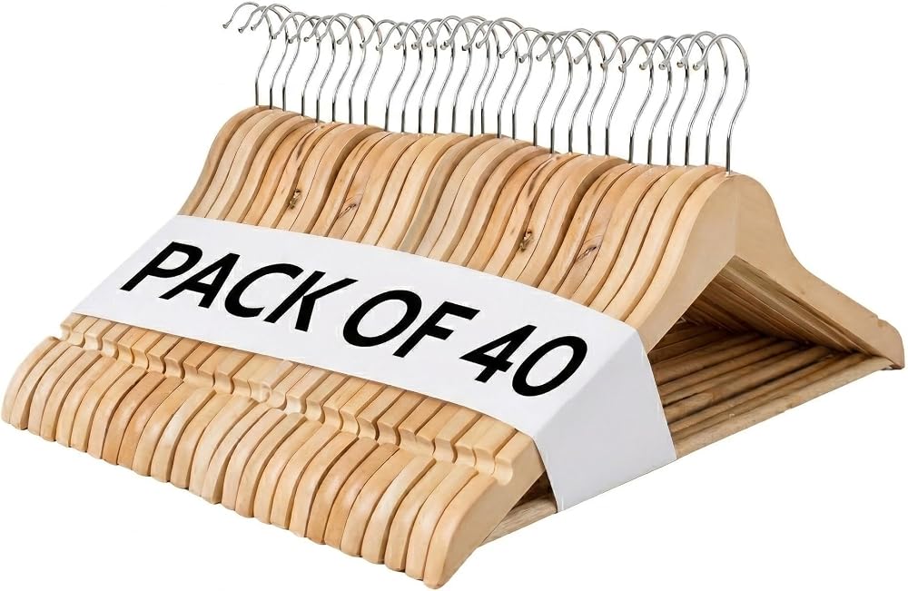 REQUISITE NEEDS Wooden Coat Hangers 40 Pack 360° Swivel Hook Non-Slip Grooved