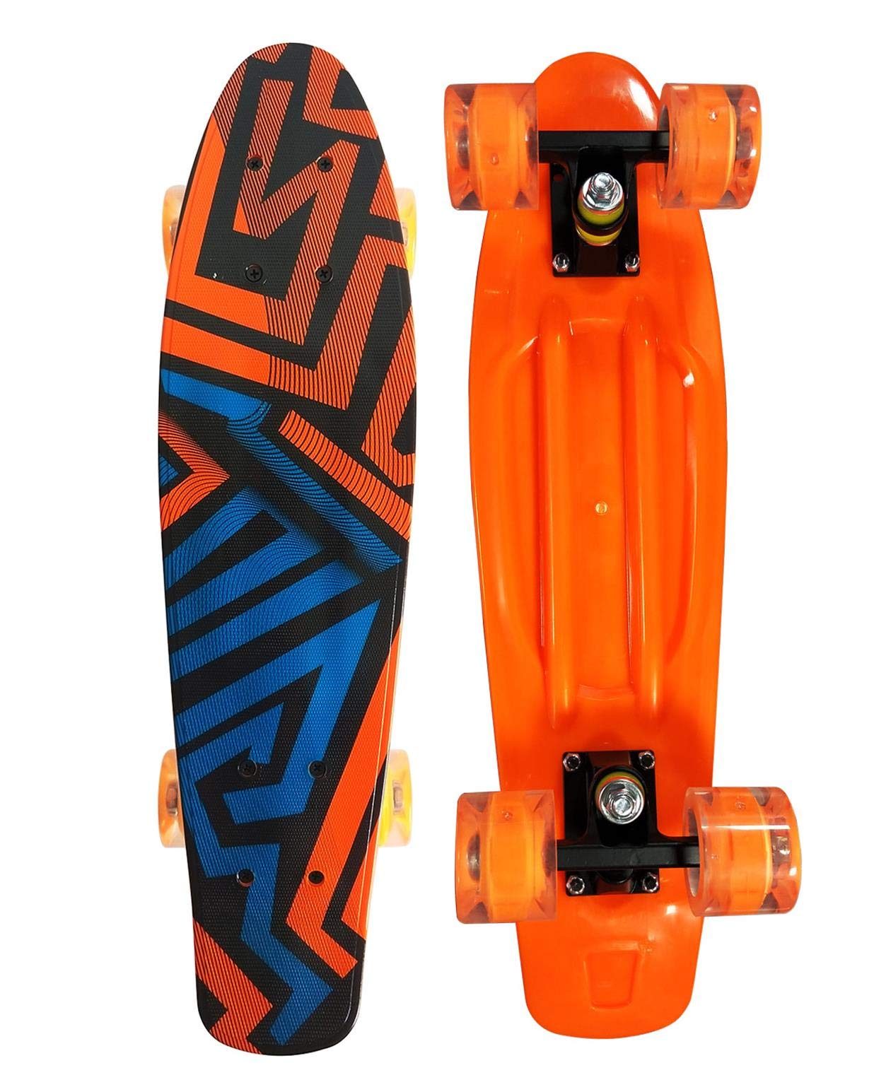 Runyi 22 Inch Complete Plastic Mini Cruiser Retro Skateboard with Colorful LED Light PU Wheels for Girls Boys Kids Adult Teens Beginners
