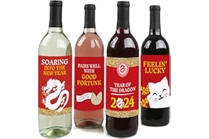 Big Dot of Happiness Chinese New Year - 2024 Year of the Dragon Decorations for Women and Men - Wine Bottle Label Stickers - Set of 4