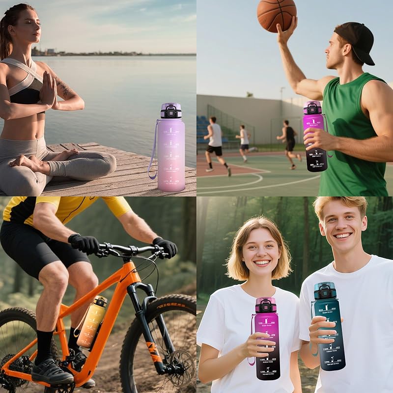 Botella Agua, 1L, Marcador de Tiempo, Portátil, Cantimplora, Libre de BPA, Botella Agua Gimnasio, A Prueba de Fugas, Water Bottle para Gimnasio, Ciclismo, Oficina y Exteriores