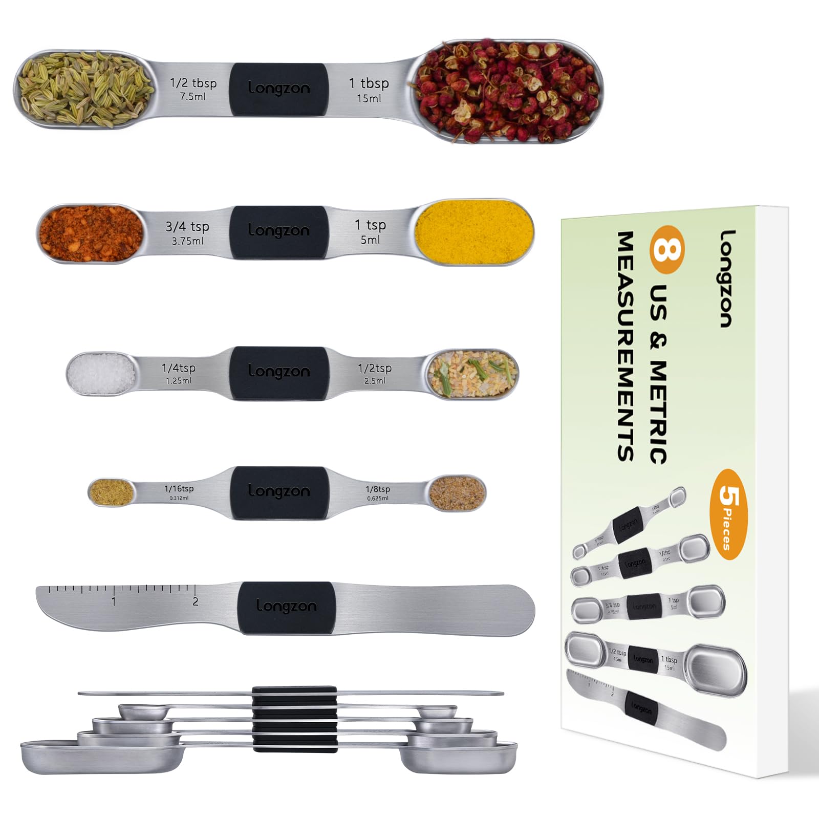 Photo 1 of [2024 NEW] longzon 8 Full-Sized Measurements Magnetic Measuring Spoon Set with Leveler - Durable Engraved Markings, Magnetic Absorbent, Stackable Stainless Steel - Suitable for Most Spice Jars