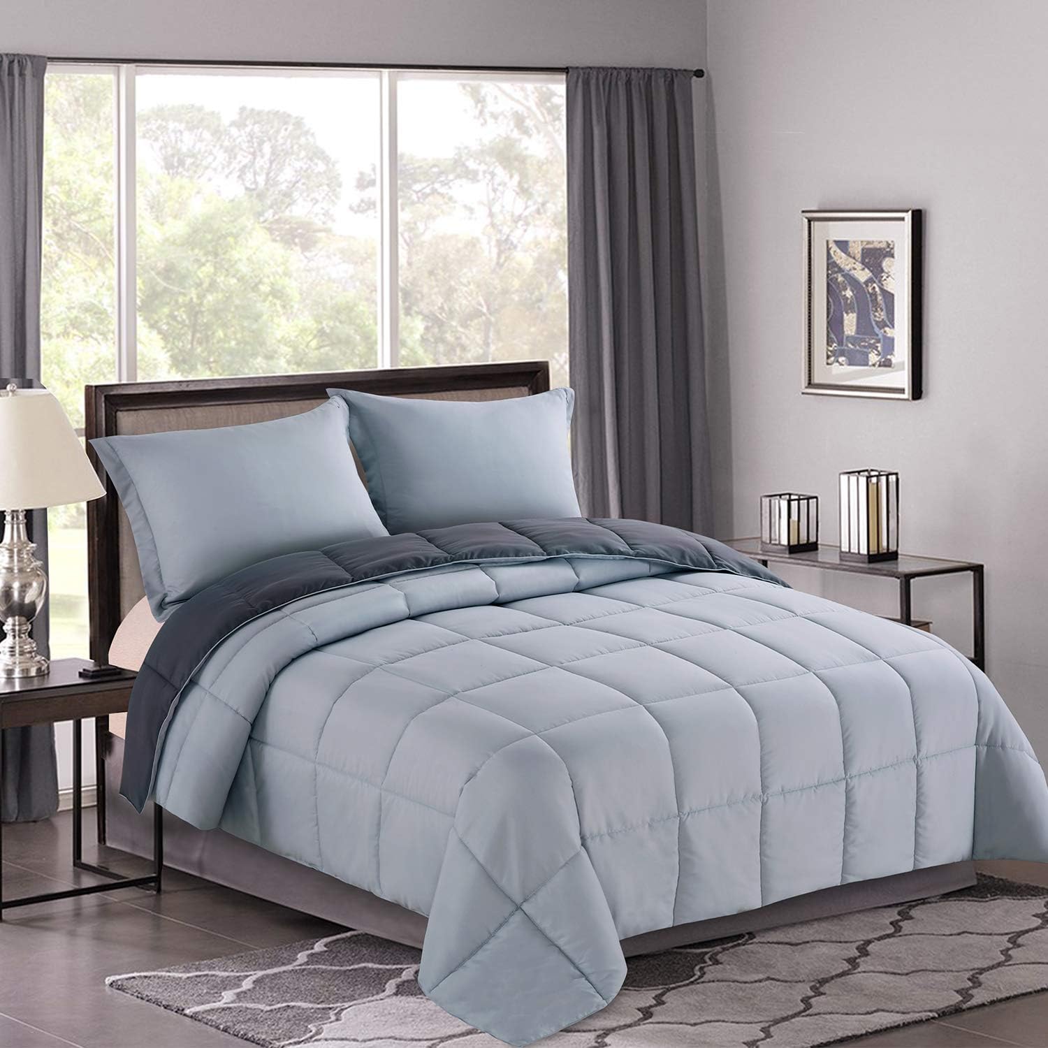 Homelike Moment Lightweight Comforter Set - Queen Gray All Season Down Alternative Comforter Set Summer Duvet Insert 3 Piece - 1 Comforter with 2 Shams Reversible Full/Queen Size Dark Gray/Light Grey: Home & Kitchen