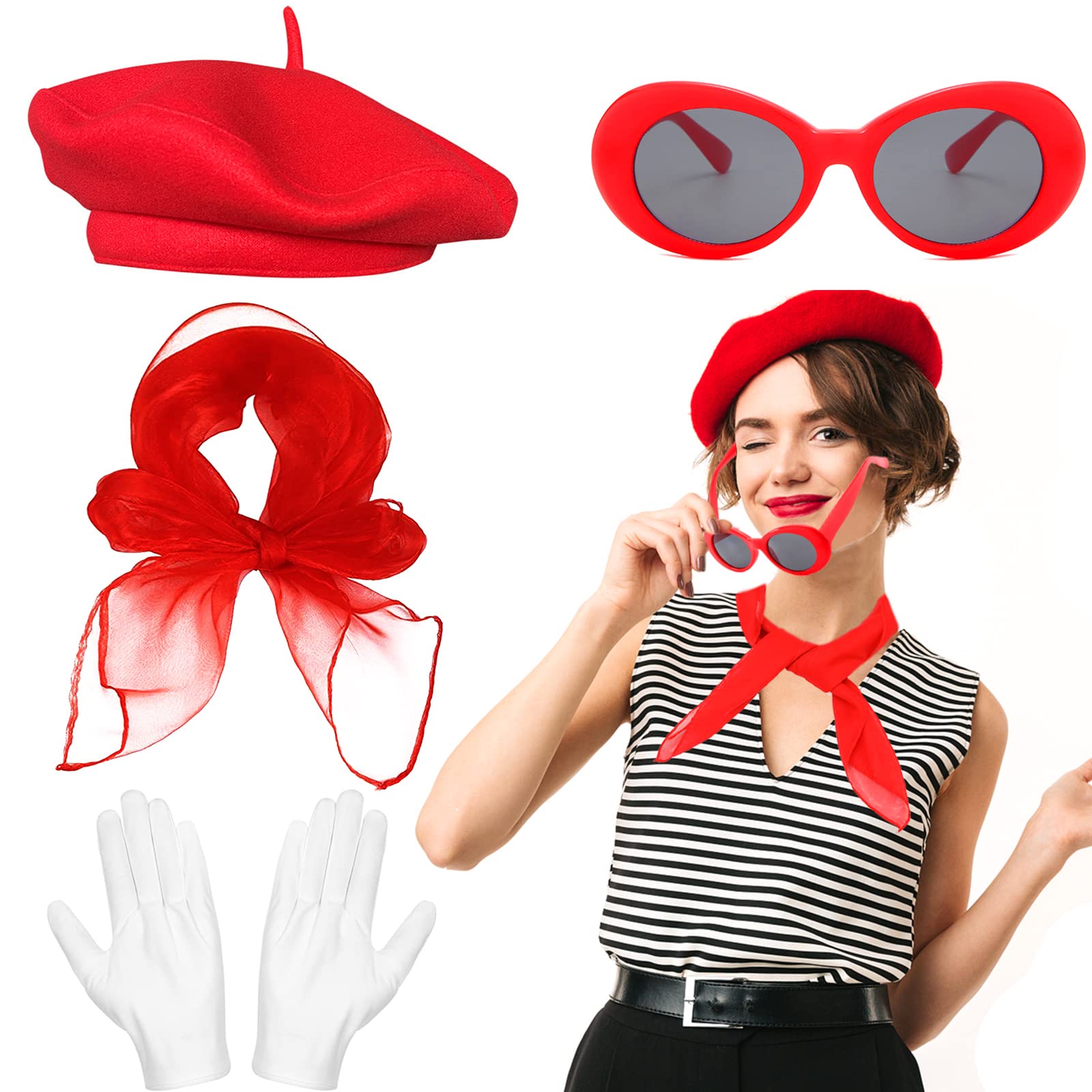 Beamely French Women's Accessories Set - Artist Mime Kit with Red Beret, Scarf, Sunglasses, Gloves for Girls Cosplay Party Supplies