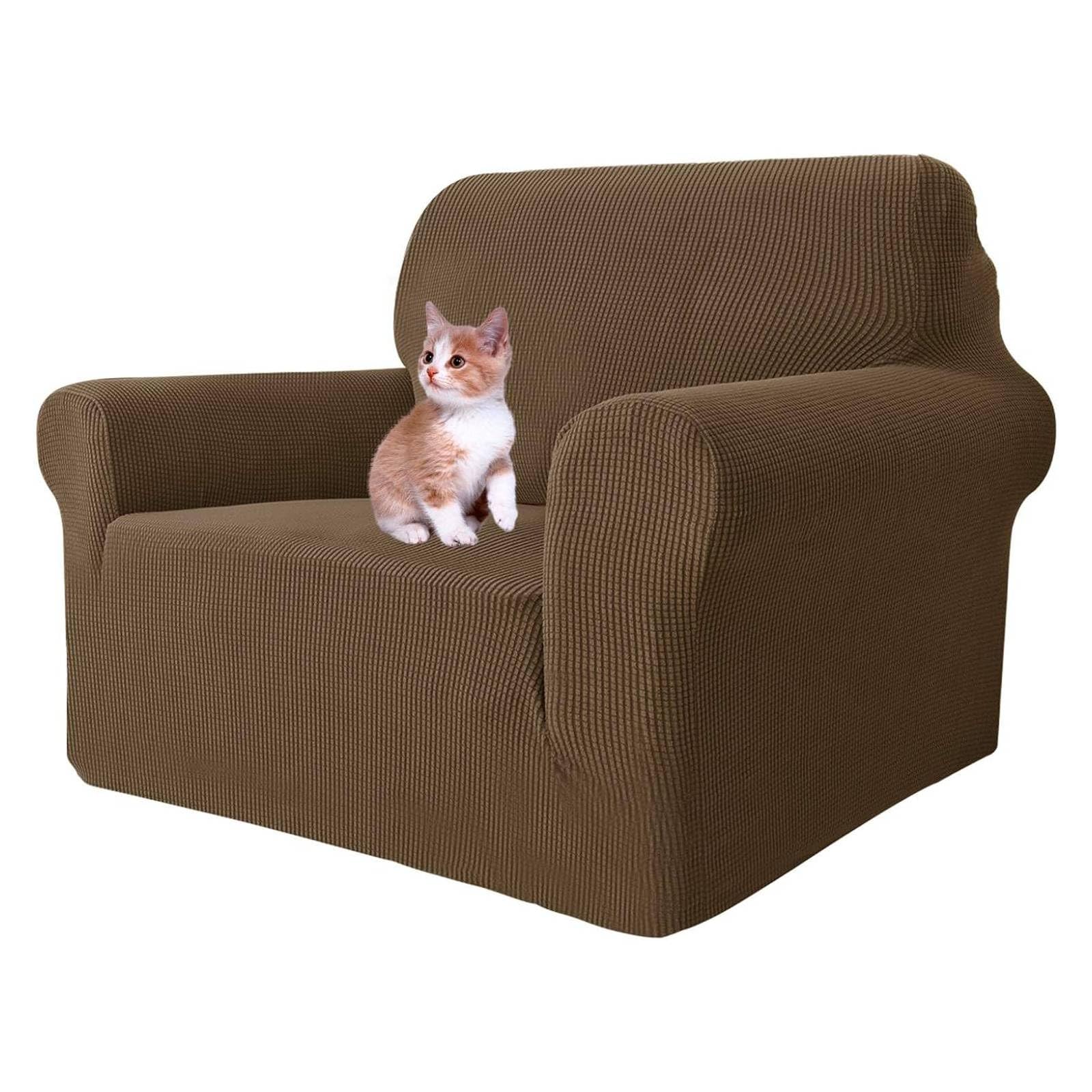 MAXIJIN Super Stretch Chair Covers for Living Room, 1-Piece Universal Chair Slipcover with Arms Jacquard Spandex Chair Protector Dogs Pet Friendly Sofa Couch Armchair Cover (1 Seater, Brown)