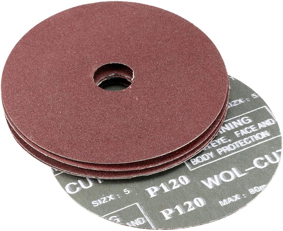 sourcing map 5-Inch x 7/8-Inch Aluminum Oxide Resin Fiber Discs, Center Hole 120 Grit Sanding Grinding Discs, 5 Pack