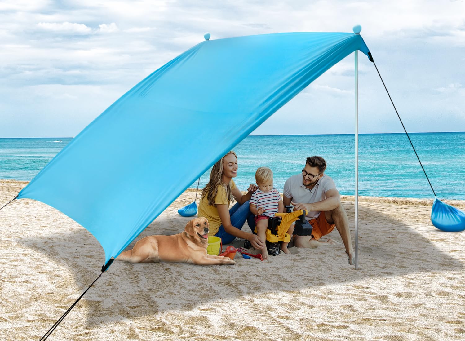 Photo 1 of Vilupvie Beach Tent Sun Shelter Sunshade 10x10ft, UPF50+ Beach Canopy Tent Sun Shade for 6 People, with 4 Sandbags & 2 Stability Poles, Portable Pop Up Tent for Camping, Fishing, Picnics (Blue)