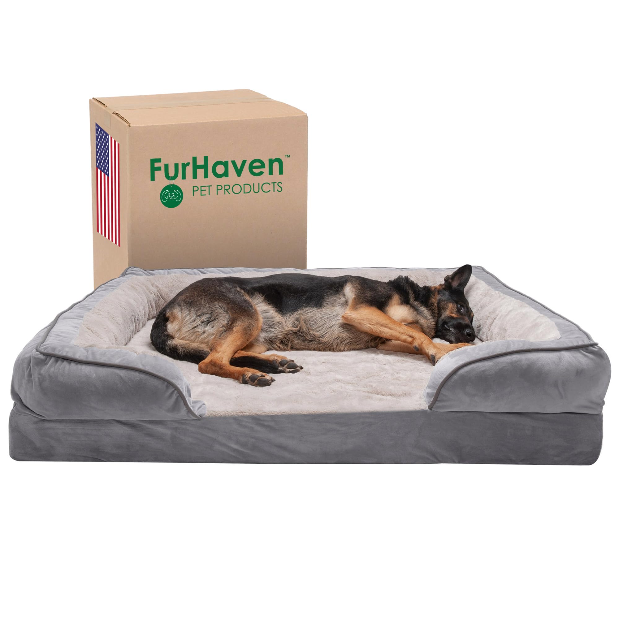 Furhaven Memory Foam Dog Bed for Large Dogs w/ Removable Bolsters & Washable Cover, For Dogs Up to 125 lbs – Plush & Velvet Waves Perfect Comfort Sofa – Granite Gray, Jumbo Plus/XXL