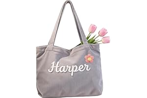 Personalized Corduroy Tote Bag with Custom Name - Handmade Embroidered 3D Flower - Birthday Bridesmaid Mother Gift