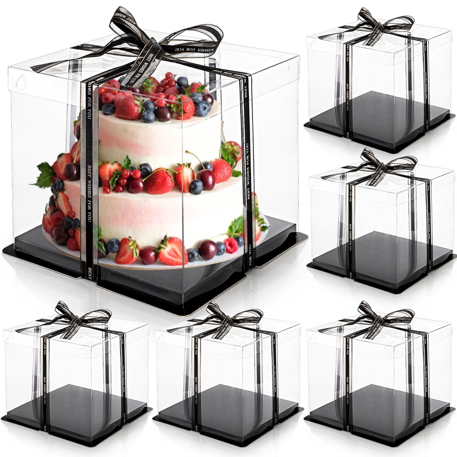 Photo 1 of Cididu 6 Pack Clear Cake Box with Ribbon, 2-Layer Tall Cake Carrier Box, Packaging Boxes 10x10x9 Inch, PET Clear Gift Box with Lid, Transparent Cake Containers for Birthday Party Wedding