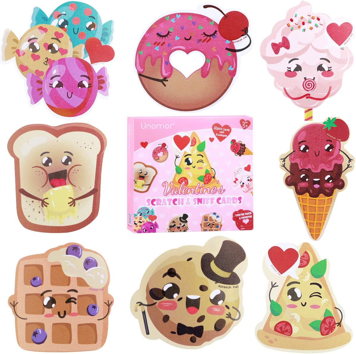 Unomor Valentine's Day Cards for Kids 32PCS - 8 Patterns & Favors, Scratch and Sniff Exchange Cards for School Supplies Children Party Favors, Envelopes Included