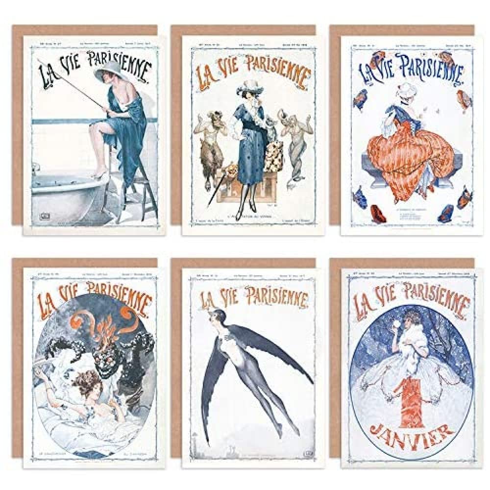 La Vie Parisienne French Woman Bird Butterfly Fishing Greeting Cards With Envelopes Pack of 6