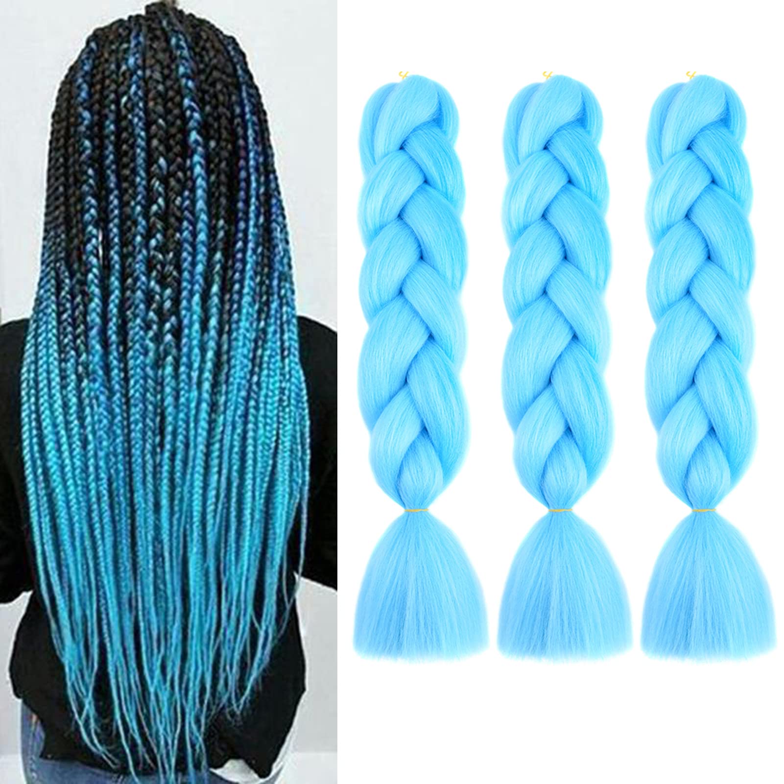 Cybelleza Jumbo Braiding Hair Extensions Synthetic 3PCS/Lot 24inch Ombre Jumbo Braids Crochet Twist Afro Box Braid Heat Resistent (Sky Blue)