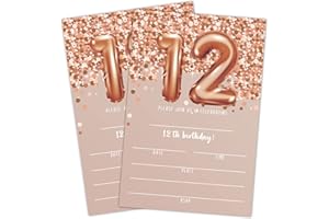 LWBEO 12th Birthday Invitation Cards, Rose Gold Glitter 12th Birthday Party Invites, Kids Happy Birthday Party Decorations Supplies, 20 Fill-in Cards with Envelopes for Boys or Girls Party Celebration - C04