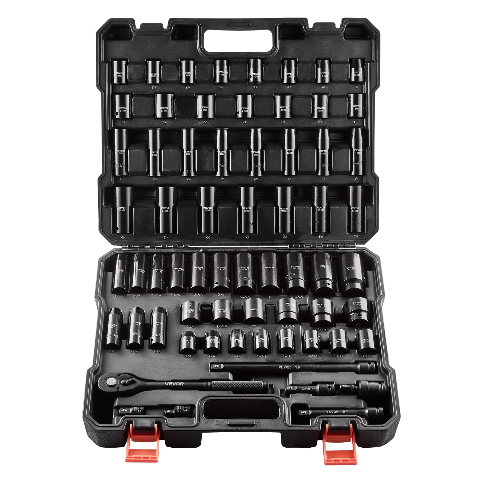 VEVOR 1/2" Drive Impact Socket Set, 65 Piece Socket Set SAE 3/8" to 1-1/4" and Metric 10-24mm, 6 Point Cr-V Alloy Steel for Auto Repair, Rugged Construction, Easy-to-Read Size Markings, Storage Case Image