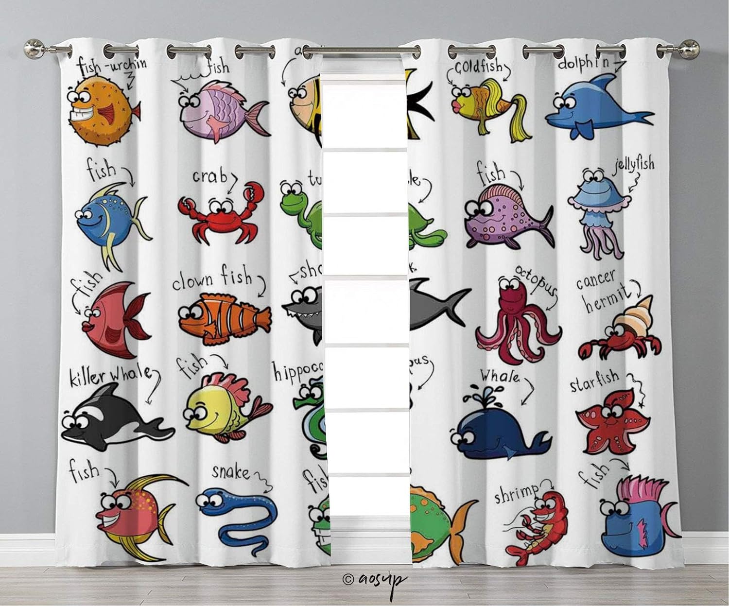 №10555 Thermal Insulated Blackout Grommet Window Curtain Panel, Nautical Decor For Kids,Aquarium Cartoon Octopus Dolphin Shark Whale Clown Fish Jellyfish Crab Marine, Living Room Bedroom Kitchen Cafe