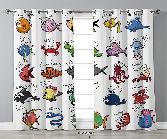 №10555 Thermal Insulated Blackout Grommet Window Curtain Panel, Nautical Decor For Kids,Aquarium Cartoon Octopus Dolphin Shark Whale Clown Fish Jellyfish Crab Marine, Living Room Bedroom Kitchen Cafe