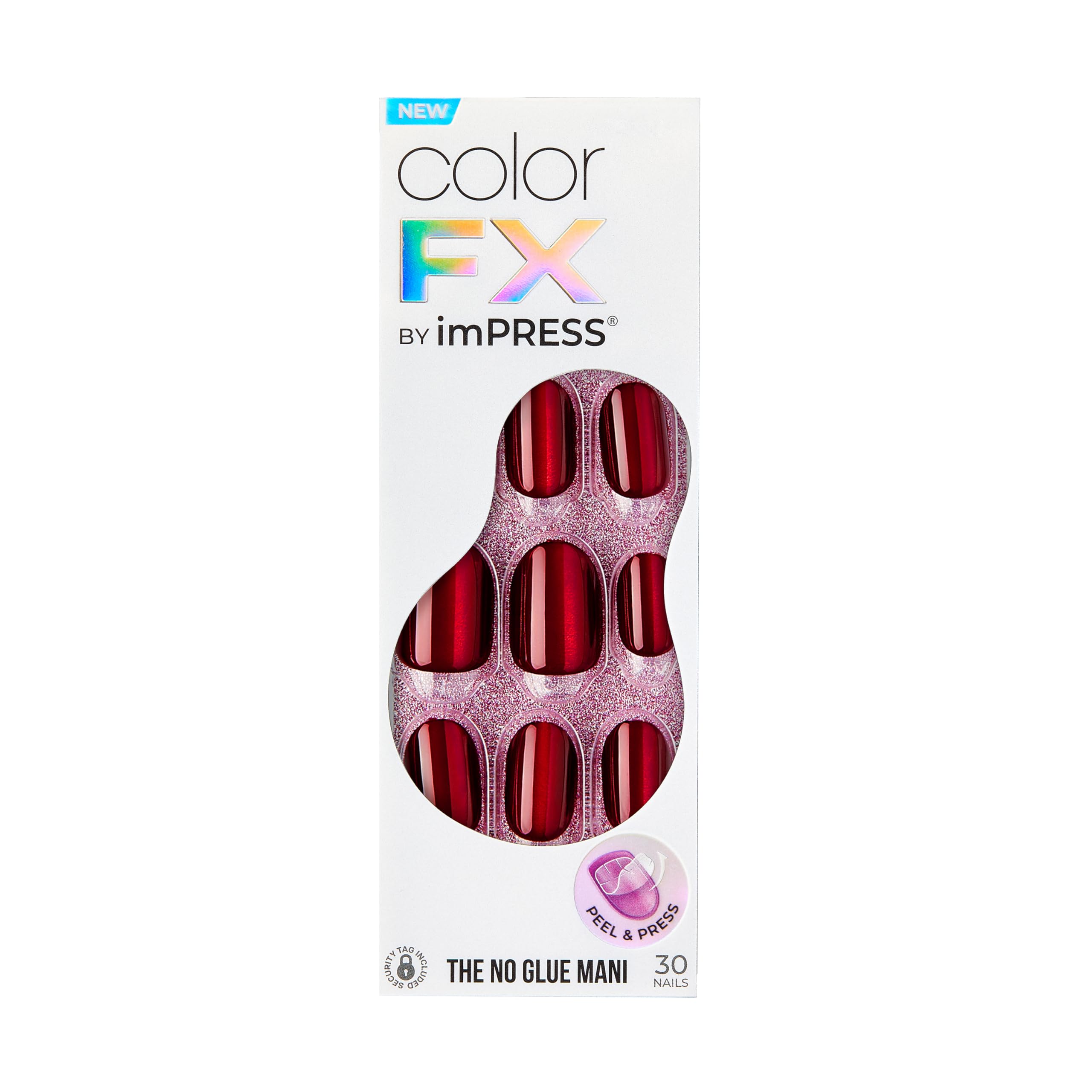 KISS imPRESS No Glue Mani Press-On Nails, Color FX, 'Hidden Gem', Red, Short Size, Oval Shape, Includes 30 Nails, Prep Pad, Instructions Sheet, 1 Manicure Stick, 1 Mini File