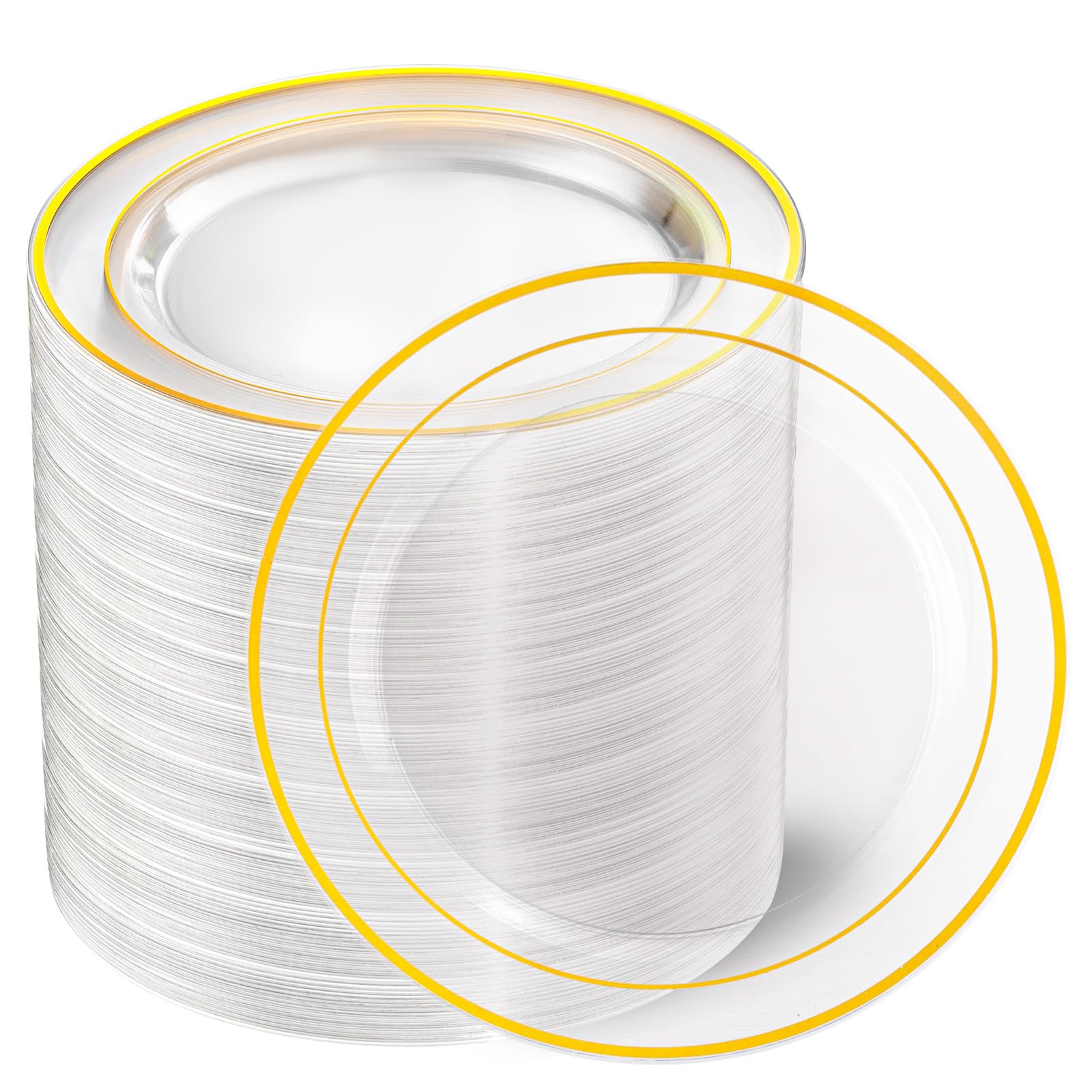Photo 1 of I00000 100PCS Clear Gold Plastic Plates, Clear Dinner Plates with Gold Rim 10 Inch, Fancy Disposable Wedding Premium Plastic Plates for Wedding Birthdays Party Dinner St. Patricks Day