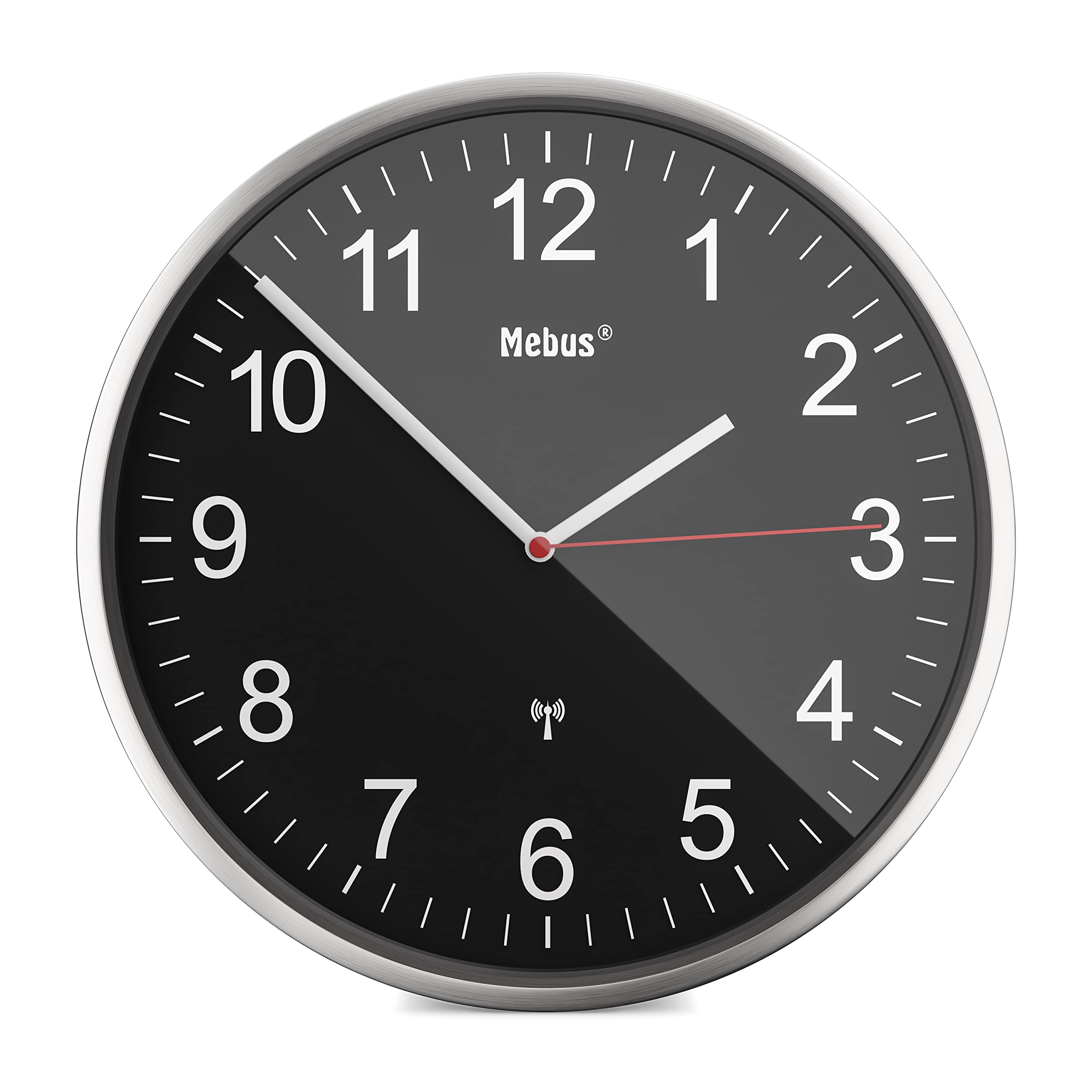 Mebus Radio-Controlled Wall Clock, Large, Radio-Controlled Clock, Modern, Aluminium Frame with Easy-to-Read Numbers, Station Clock, Living Room, Office, Colour: Silver/Black, Diameter 30 cm, Model: