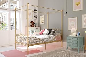 DHP Metal Canopy Kids Platform Bed with Four Poster Design, Scrollwork Headboard and Footboard, Underbed Storage Space, No Box Sring Needed, Twin, Gold