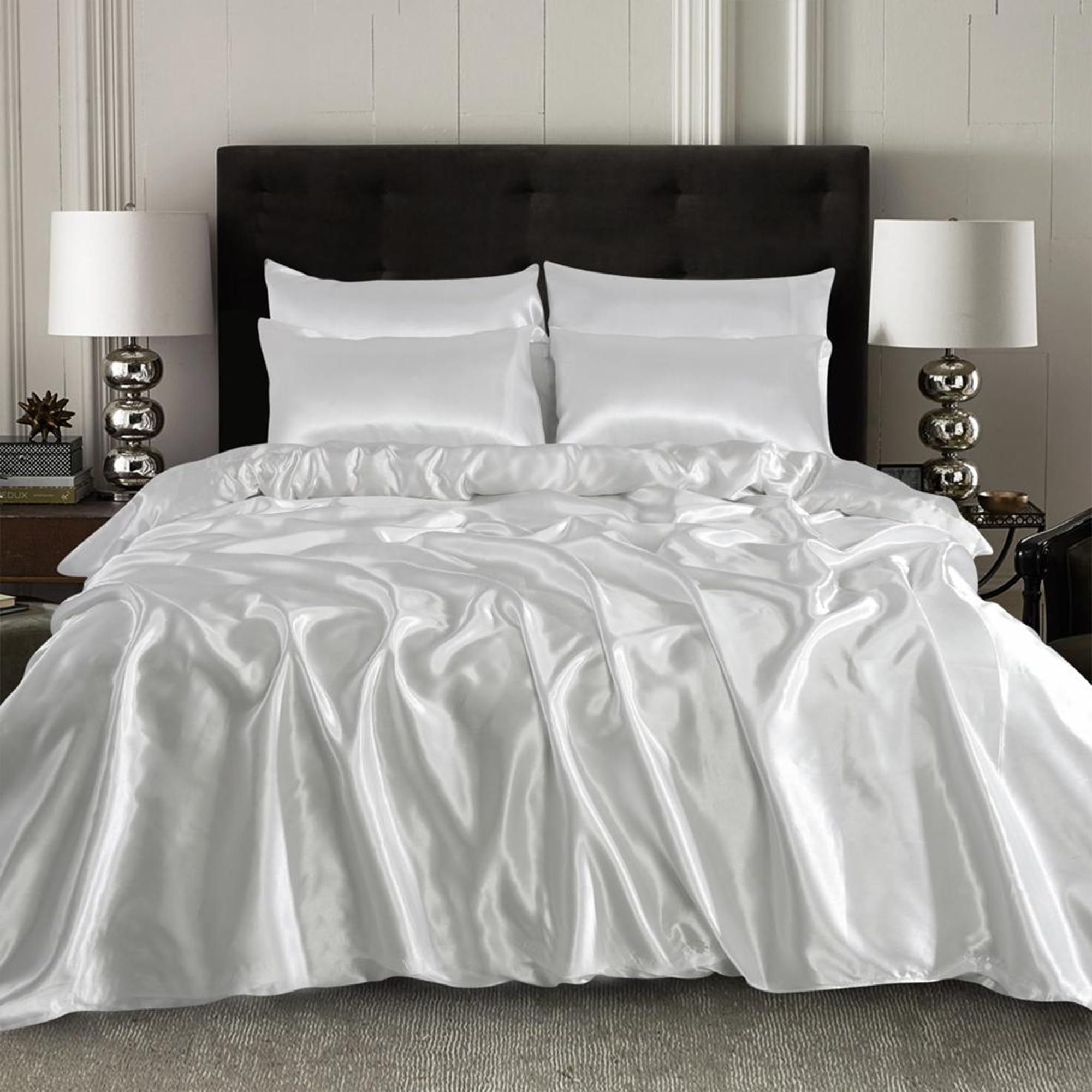 4PCS Satin Duvet Cover Bedding Set Plain Luxury Soft Bed Set Include (1xDuvet Cover, 1xFitted Sheet, 2xHousewife Pillow Case) (Single, White)-(Same Day Dispatch)