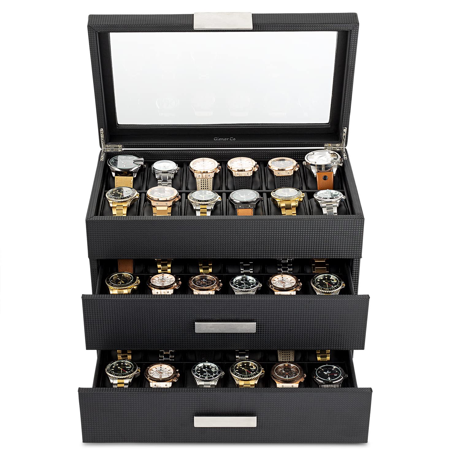 36 Slot Watch Box for Men - Mens Watch Case w Large Glass Lid, Luxury Carbon Fiber Design Mens Watch Box - Watch Holder for Men w Metal Accents & Sturdy Hinges, Watch Display Case Drawer &