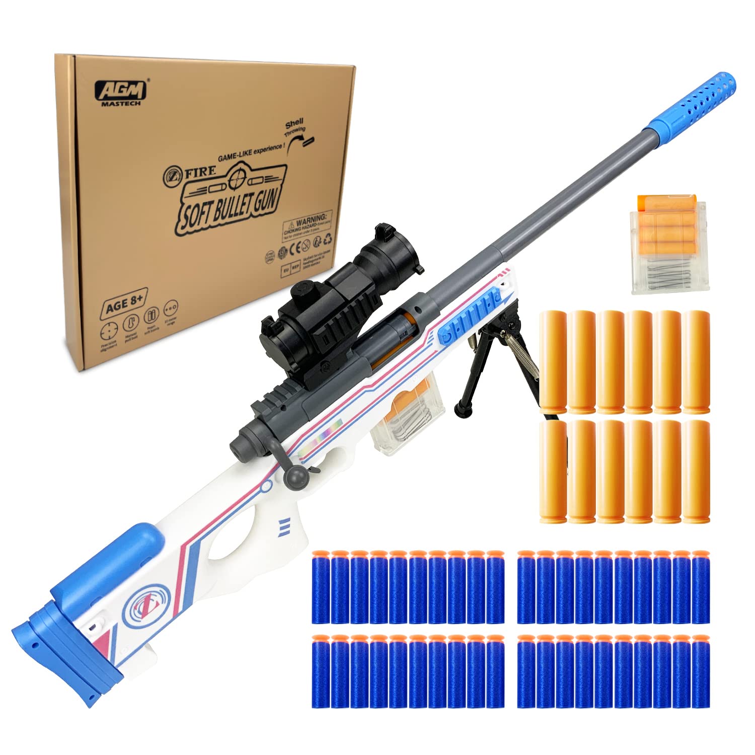 AGM MASTECH AWM Shell-Throwing Blaster Set, 40 Official Foam Darts, 4-Dart Cartridge, 2 Magazines, Fun Playset for Boys, Kids, and Adults (White)