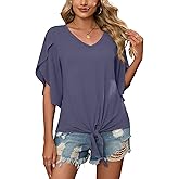 SUEANI Women's Tie Front Blouses V Neck 3/4 Split Sleeve Summer Knot Tops T Shirts