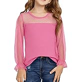 Yousify Girls Puff Long Sleeve Shirts Kids Cute Polka Dot Mesh Tops Blouses 5-14 Years