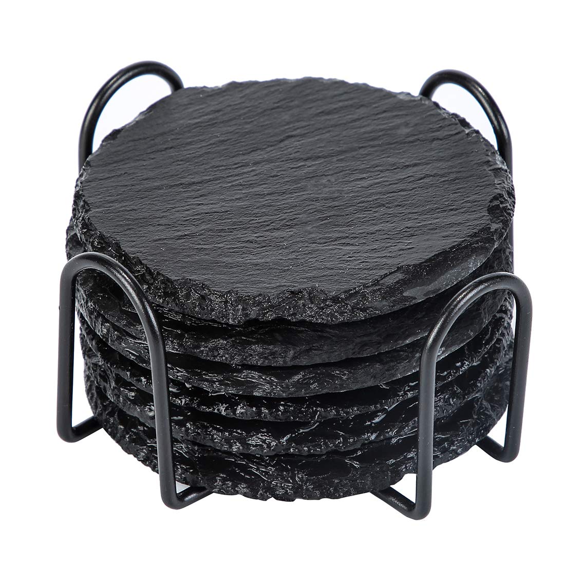 Slate Coasters Drink Coasters with Holder, 6 Pieces Rustic Round Handmade Coasters Black for Bar, Home, Restaurant, Hotel, Office Look Great Sturdy Utility, Ideal for Tea Coffee Mug, Cup…