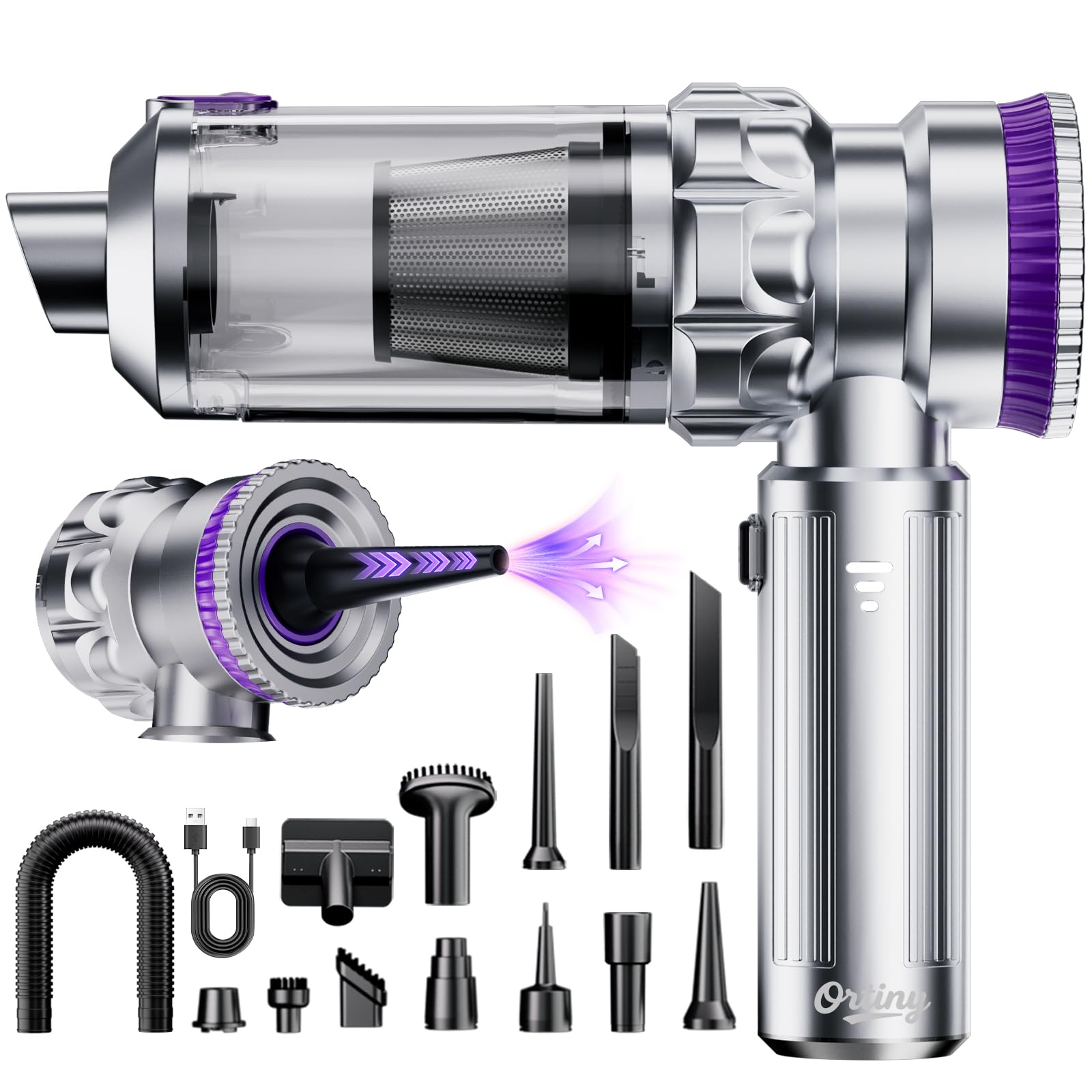 Ortiny Handstaubsauger Akku, 28000PA Autostaubsauger Kabellos, Bürstenloser Motor, Großer Staubbehälter mit EIN-Knopf-Entleerung, 4 in 1 Mini Staubsauger mit Schlauch für Auto, Tierhaare, PC, Haus