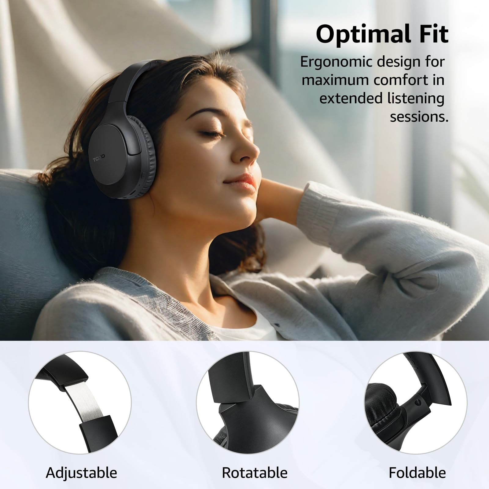 TOZO HA1 Bluetooth 5.4 Over Ear Headphones, 70H Playtime with Mic, Foldable Wireless Headset, Deep Bass Stereo Sound Customizable 32 EQ Music Mode Via Button & App for Travel and Home, Upgraded