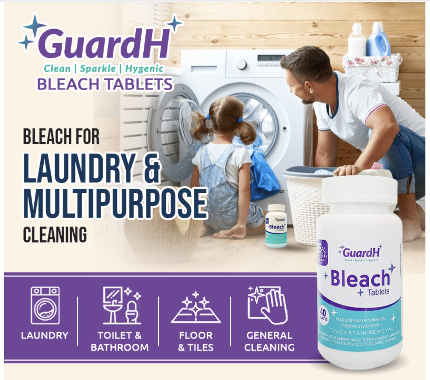 Bleach Tablets, 40 Count - Multipurpose Cleaning for Laundry, Kitchen Surfaces, Bathroom Tiles, and Toilet Bowls - Liquid Bleach Alternative