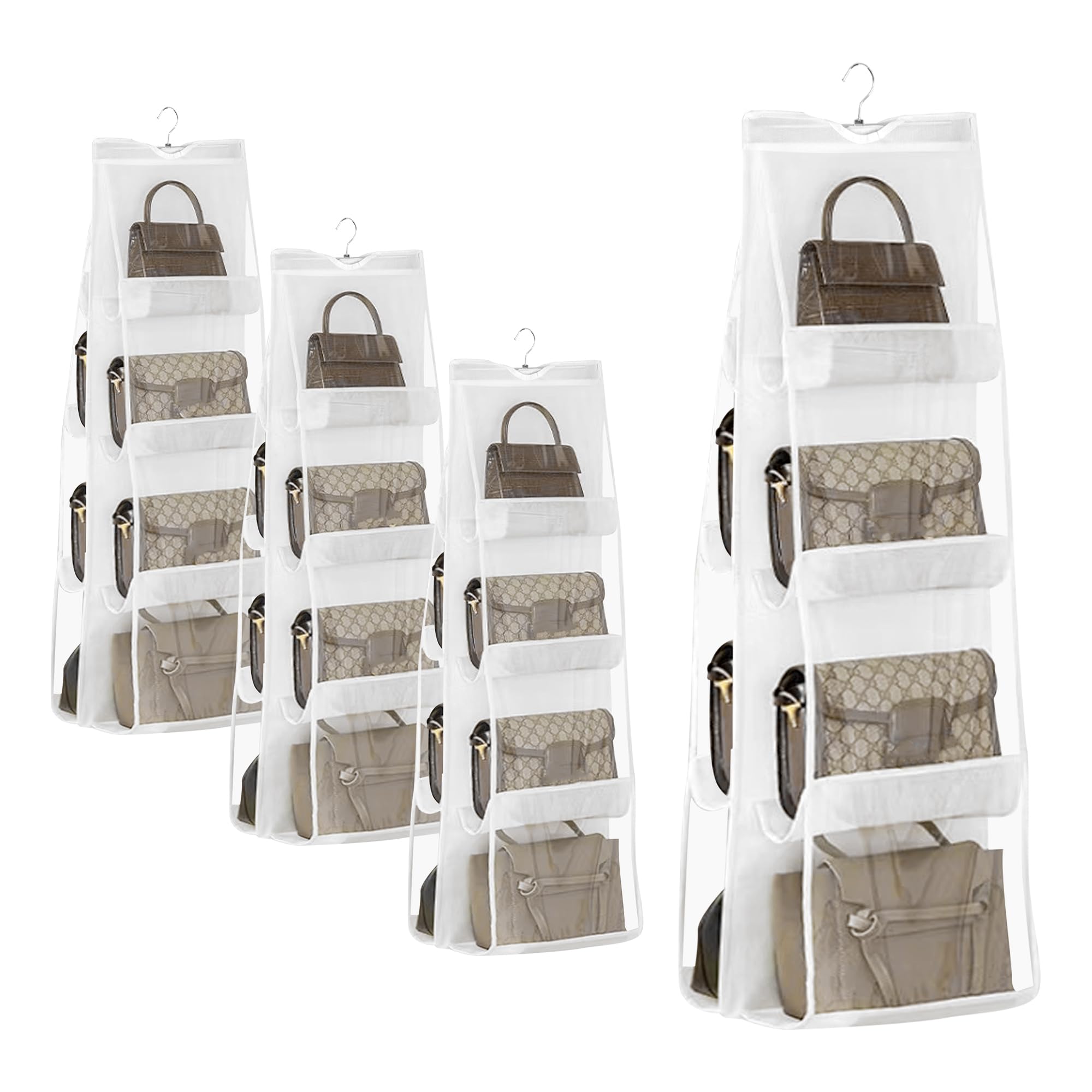 YKUKIZEE 4 Pack Hanging Handbag Storage Organiser with 8 Clear Pockets, Save Space Hanging Purse Storage Dust Proof, Foldable Wardrobe Handbag Organiser with Hook for Tote Bag