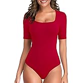 TQD Women's Square Neck Bodysuit Short Sleeve Bodysuit for Women Elbow Sleeve Tshirt Body Suit Top
