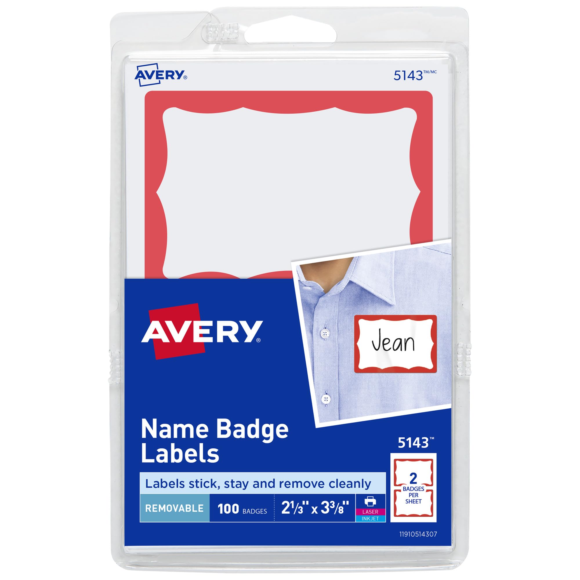 Avery Name Tags, White with Red Border, Packs of 100 per Pack, 18 Packs, 1,800 Removable Name Badges Total (05143)