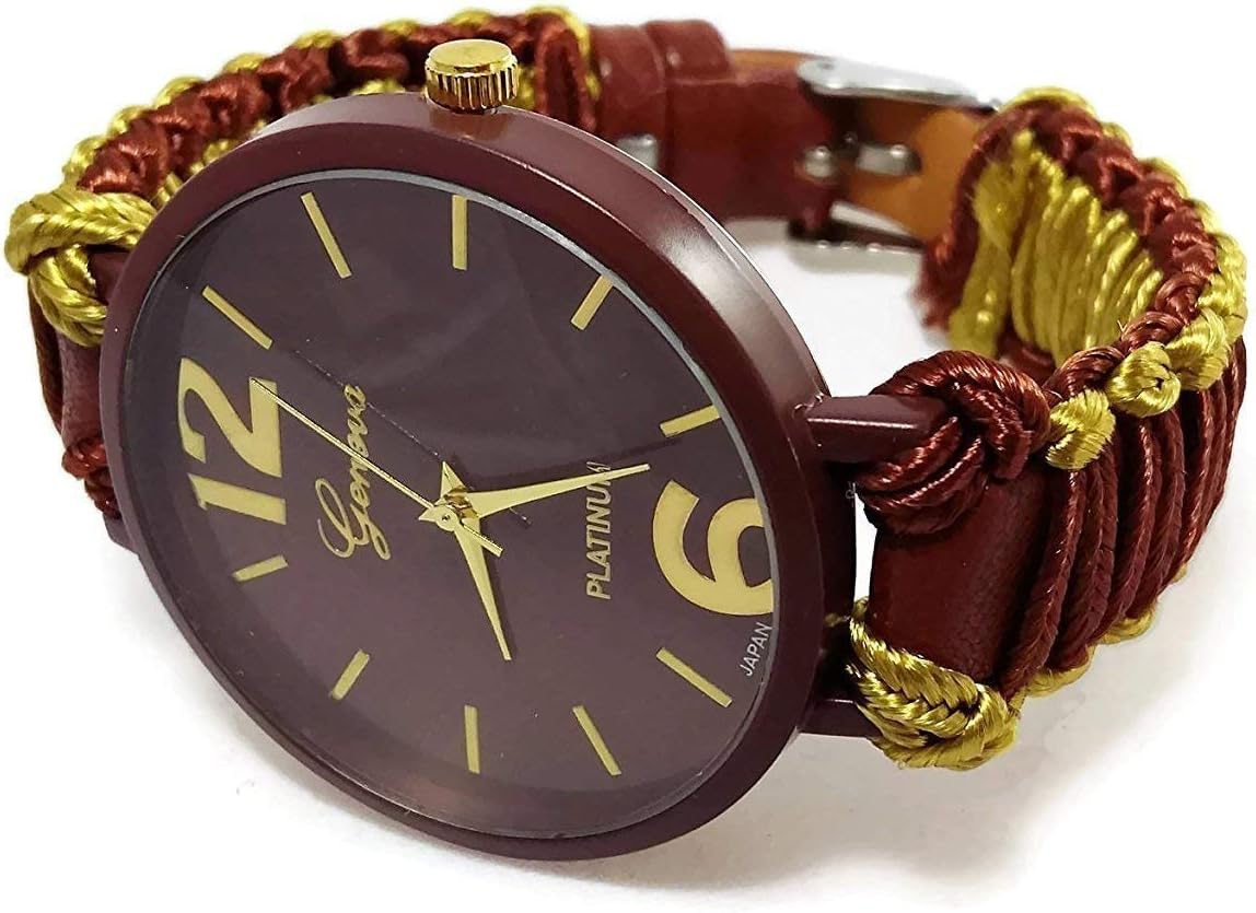 Brown gold strap large face wristwatch women Cord band bracelet watch Unique girlfriend birthday gift