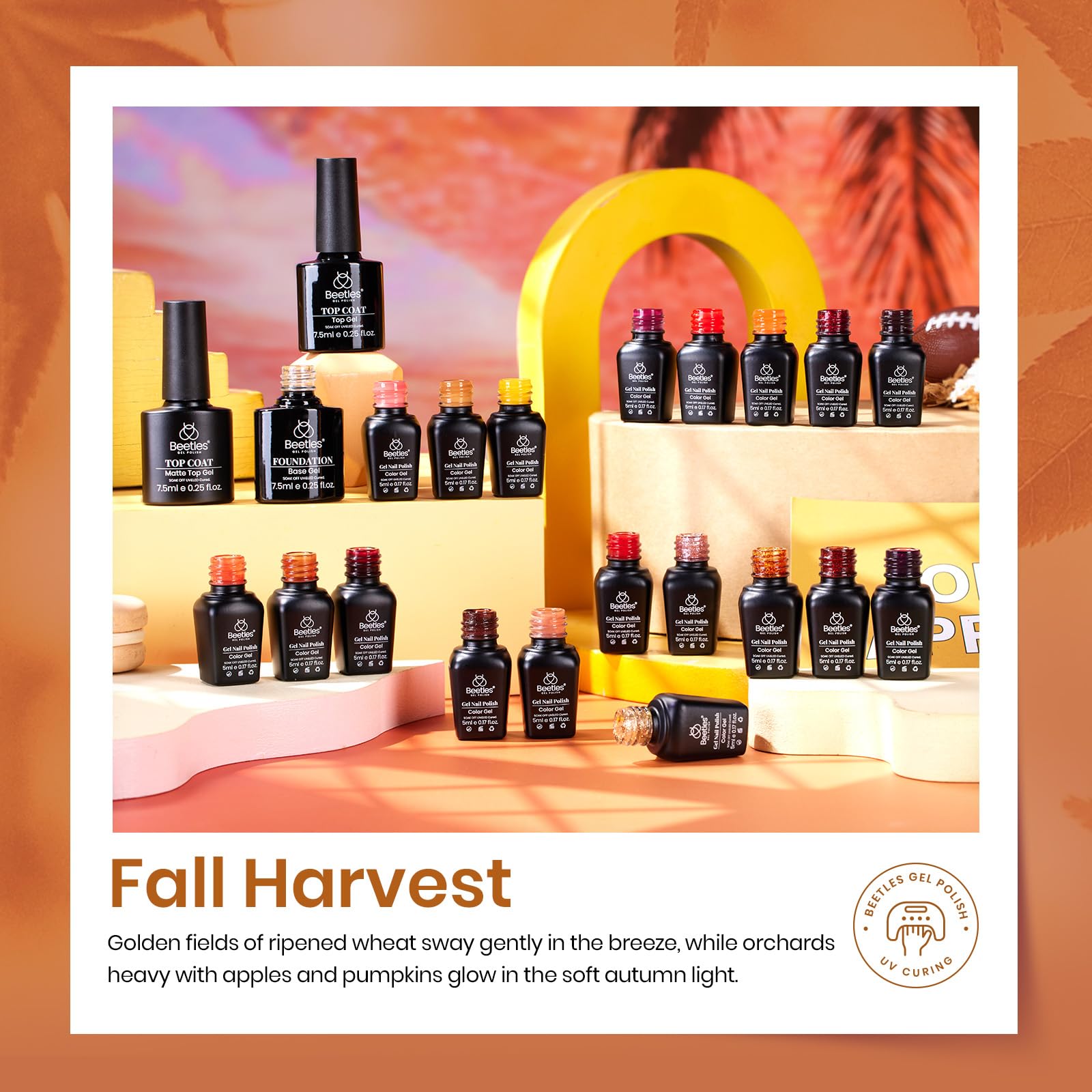 Beetles 23Pcs Fall Gel Nail Polish Kit 20 Colors with Base Gel Top Coat Orange Brown Burgundy Red Yellow Gel Polish Set Soak off Uv Golden Glitter Holiday Nail Art Gift for Girls - Image 3