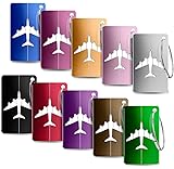 Luggage Tags, Foonii 10 Packs Baggage Tags Airplane Pattern Anti-Rust Metal Suitcase Tag Labels with Steel Loops, Business Card Holder for Business Trip (10 Colors)