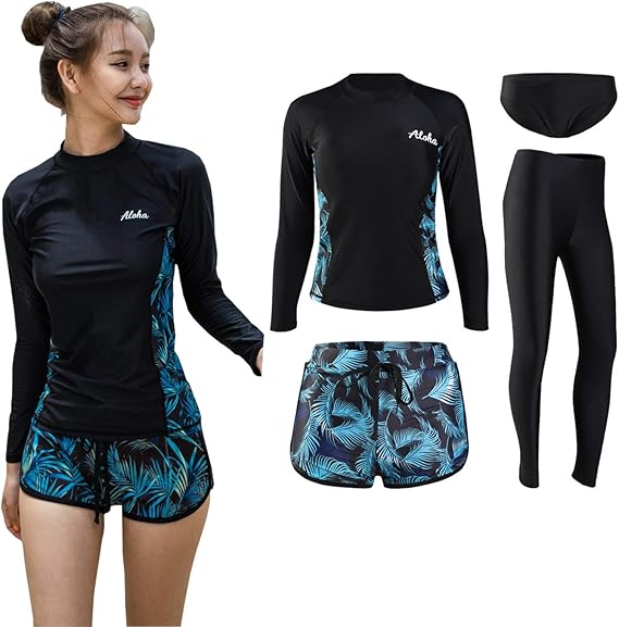 Amazon 水着 レディース ラッシュガード 長袖 レギンス ビギニ ブラーワイヤーレス サーフパンツ 体型カバー 豪華四点 五点セット Uvカット Upf50 吸汗速乾 タンキニ 通販