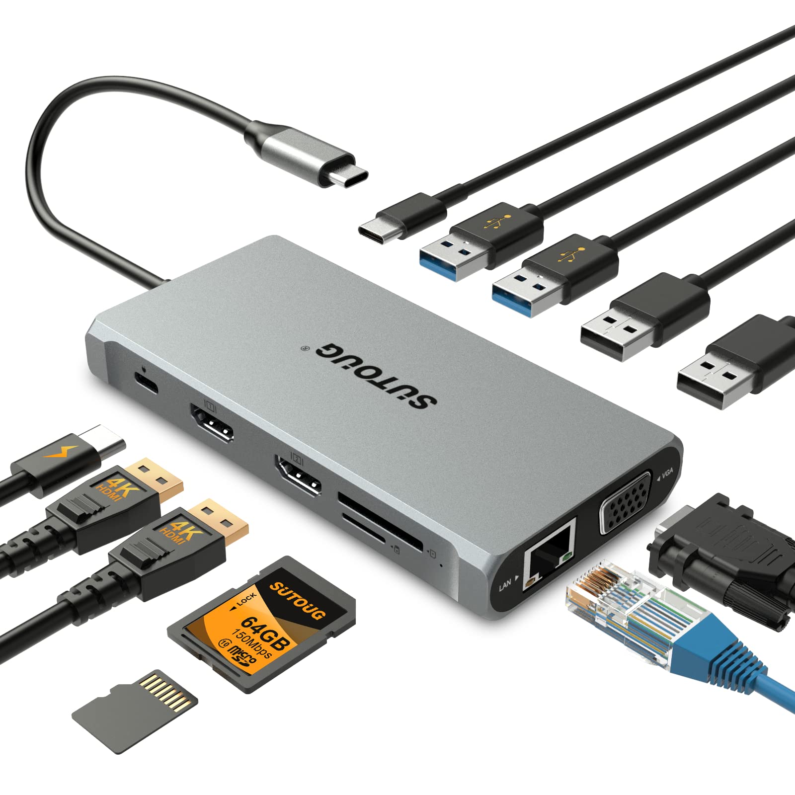 USB C Hub, SUTOUG Docking Station, 12 in 1 USB C Adapter Dongle with Dual HDMI 4K VGA 1080P 1000Mbps Ethernet PD 3.0 100W USB-C 3.0 TF/SD Card Slot Laptop Docking for MacBook and Windows USB-C Laptop