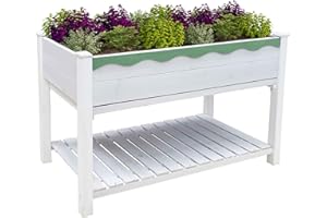 RUNSHED 48x24x30in Raised Garden Bed, Elevated Wood Planter Box w/Storage Shelf, Protective Liner-White