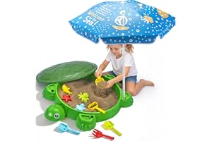 VROGTIK Turtle Sandbox with Lid & Umbrella, 38" Kids Sandbox with Beach Toys Set, Safe Sensory Play Sand Box for Toddlers, In