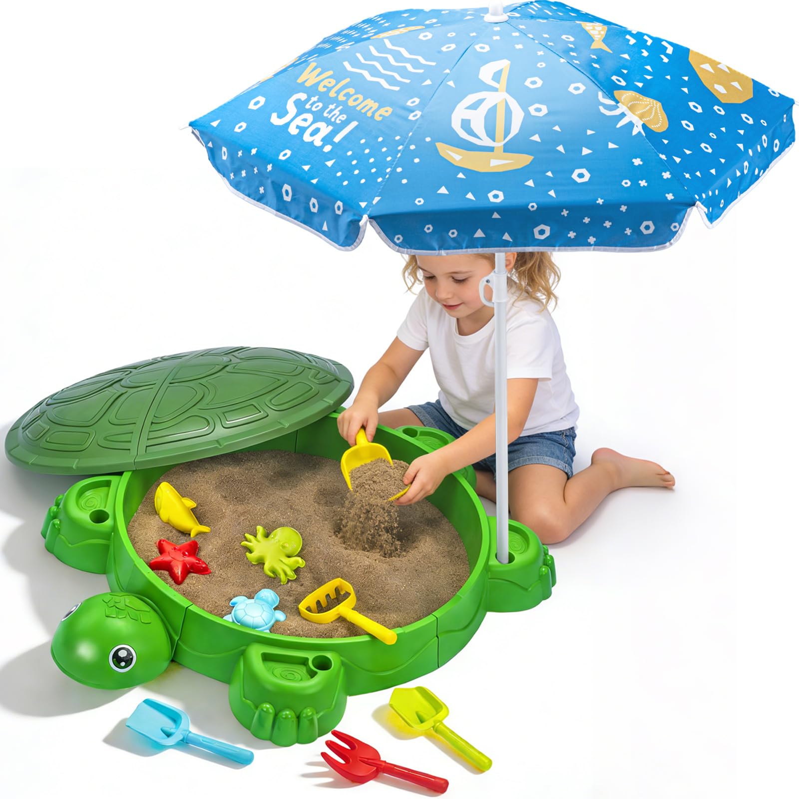 Turtle Sandbox with Lid & Umbrella, 38" Kids Sandbox with Beach Toys Set, Safe Sensory Play Sand Box for Toddlers, Indoor Outdoor Backyard Summer Gift for Ages 3-8