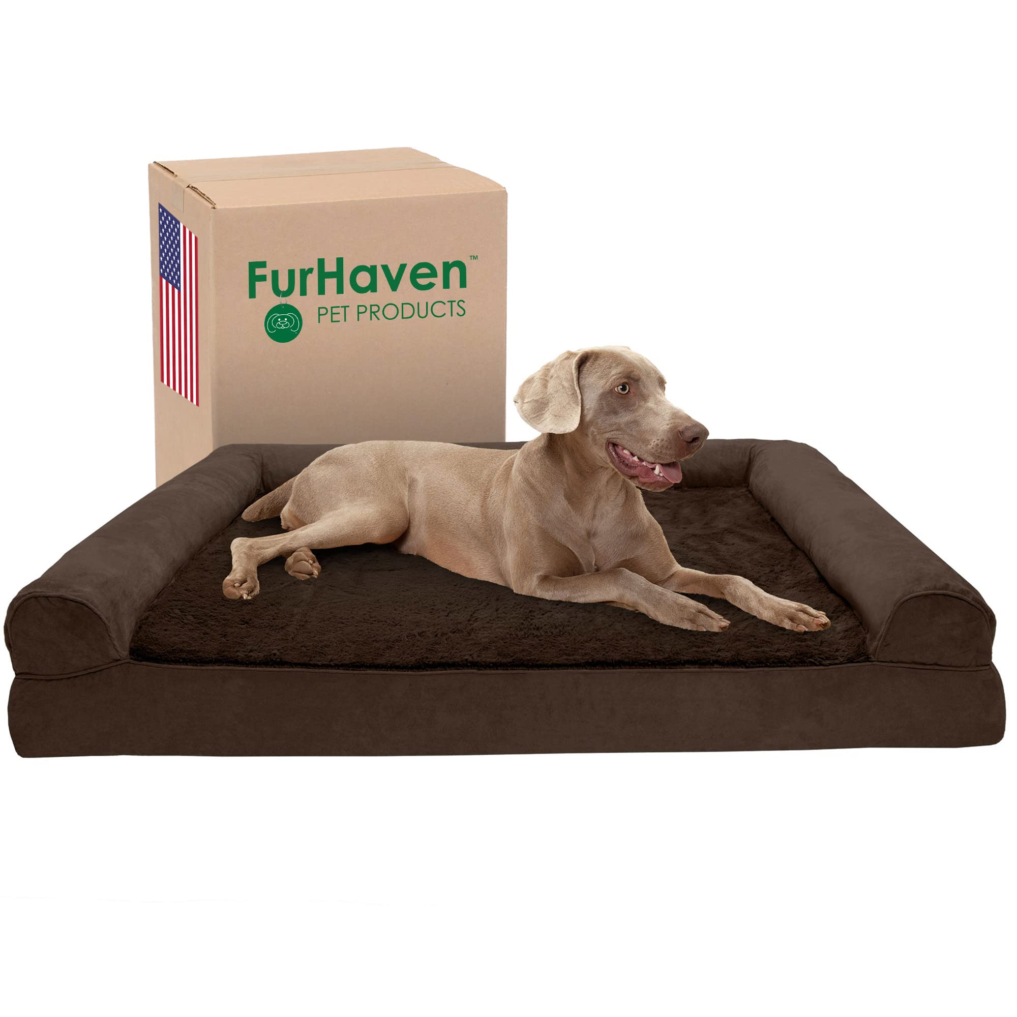Furhaven Cooling Gel Dog Bed for Large Dogs w/ Removable Bolsters & Washable Cover, For Dogs Up to 125 lbs – Plush & Suede Sofa – Espresso, Jumbo Plus/XXL