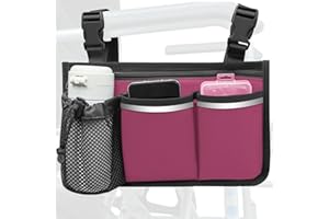 SHIFANQI Wheelchair Bag, Walker Bag, Wheelchair Side Bag, Armrest Organizer Pouch with Cup Holder Attachment and Reflective Strip, Accessories for Most Wheelchairs, Walkers, Rollators (Burgundy)