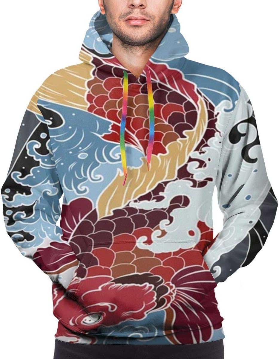 Hand Drawn Koi Fish Tattoo Japanese Animals Wildlife 3D Print Hoodie Long Sleeve Pullover Sweatshirts for Men